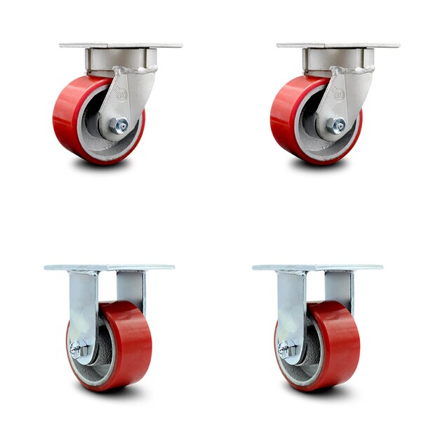 4 Inch Kingpinless Red Poly on Steel Wheel Swivel Caster Swivel 2 Rigid, 2PK